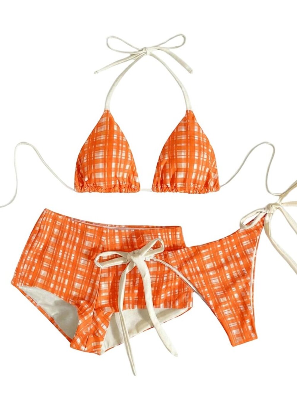 3 Piece Swimsuits Gingham Halter Boyshort Bikini Set
